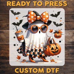 Cute Lady Ghost DTF Transfer, Girly Ghost Halloween Ready To Press, Halloween Pumpkin With Bow DTF Print, Bats Heat Press DTF, Cold Peel Dtf