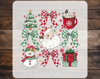 May include: A custom DTF transfer sheet featuring Christmas graphics including a decorated tree, red and white checkered bows, green and white checkered bows, a mug of hot cocoa, Santa Claus, a snowman, and a red and green gift box.