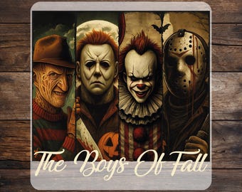 May include: A rectangular DTF transfer sheet featuring four horror movie characters in vertical panels. The text READY TO PRESS appears at the top, and The Boys Of Fall is written in script at the bottom, with CUSTOM DTF below that.