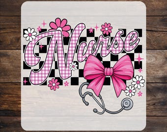 Checkered Nurse DTF Transfer: Retro Floral Bow Print