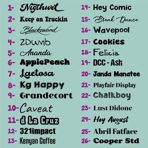 K&ouml;nnte beinhalten: Eine Liste von 26 verschiedenen Schriftarten, nummeriert von 1 bis 26, wobei jeder Schriftname in der entsprechenden Schriftart angezeigt wird. Der Hintergrund ist hellblau.