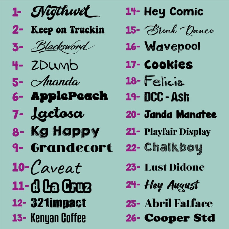 K&ouml;nnte beinhalten: Eine Liste von 26 verschiedenen Schriftarten, nummeriert von 1 bis 26, wobei jeder Schriftname in der entsprechenden Schriftart angezeigt wird. Der Hintergrund ist hellblau.