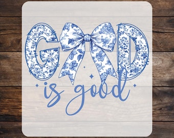 God is Good Blue Chinoiserie Floral DTF Transfer: Coquette Bow, Ready To Press
