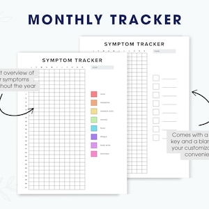 Puede incluir: Dos hojas blancas de seguimiento de s&iacute;ntomas con el texto "MONTHLY TRACKER" y "SYMPTOM TRACKER". Una hoja tiene una cuadr&iacute;cula para rastrear los s&iacute;ntomas durante todo el a&ntilde;o. La otra hoja tiene una clave prellenada y una en blanco para la personalizaci&oacute;n.