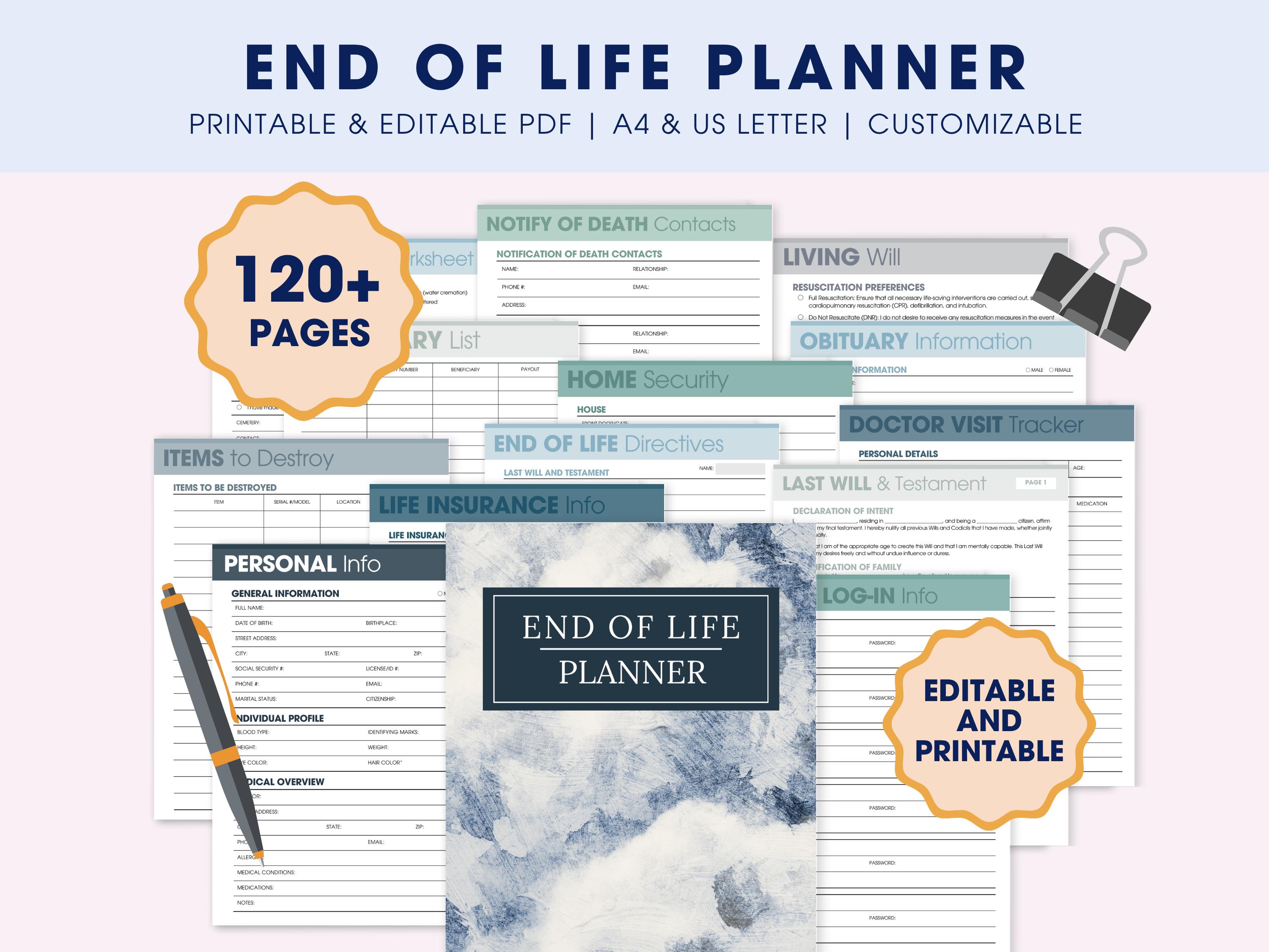 End of Life Planner ausfüllbare druckbare PDF, Was wäre wenn Binder Bundle, nur für den Notfall Digital Organizer, Notfall Binder Tod