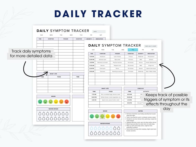 Puede incluir: Dos hojas blancas de seguimiento diario de s&iacute;ntomas con el t&iacute;tulo "DAILY TRACKER" en azul marino. Las hojas incluyen secciones para el seguimiento de s&iacute;ntomas, desencadenantes, duraci&oacute;n y medicaci&oacute;n. Se incluye el texto "Track daily symptoms for more detailed data".