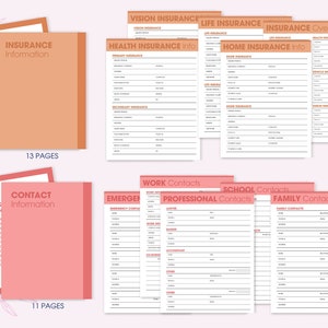 Puede incluir: Un conjunto de p&aacute;ginas de planificador imprimibles con informaci&oacute;n de seguros y contactos. Las p&aacute;ginas son en tonos melocot&oacute;n y rosa, con t&iacute;tulos como "Informaci&oacute;n del seguro" e "Informaci&oacute;n de contacto". La imagen incluye dos cuadernos y varias p&aacute;ginas sueltas.