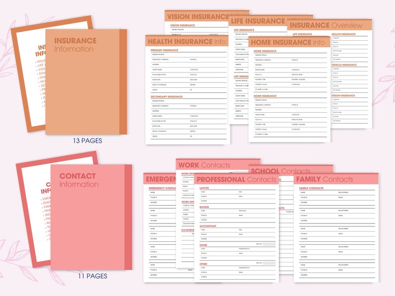 Puede incluir: Un conjunto de p&aacute;ginas de planificador imprimibles con informaci&oacute;n de seguros y contactos. Las p&aacute;ginas son en tonos melocot&oacute;n y rosa, con t&iacute;tulos como "Informaci&oacute;n del seguro" e "Informaci&oacute;n de contacto". La imagen incluye dos cuadernos y varias p&aacute;ginas sueltas.