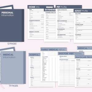 Puede incluir: Conjunto de plantillas imprimibles para informaci&oacute;n personal, m&eacute;dica y de mascotas. Incluye secciones para informaci&oacute;n del hogar, familia extendida, historial m&eacute;dico y perfiles de adultos. Las p&aacute;ginas son en tonos azules y grises.