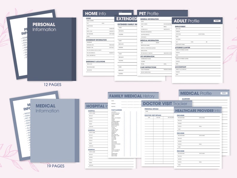 Puede incluir: Conjunto de plantillas imprimibles para informaci&oacute;n personal, m&eacute;dica y de mascotas. Incluye secciones para informaci&oacute;n del hogar, familia extendida, historial m&eacute;dico y perfiles de adultos. Las p&aacute;ginas son en tonos azules y grises.