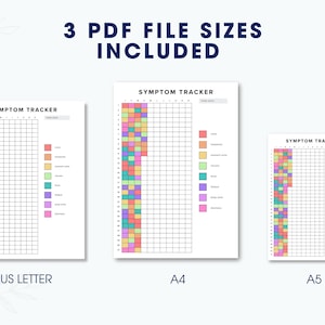 Puede incluir: Tres archivos PDF imprimibles de seguimiento de s&iacute;ntomas en tama&ntilde;os US Letter, A4 y A5. Cada rastreador presenta una cuadr&iacute;cula para rastrear los s&iacute;ntomas, con una clave codificada por colores. El texto "3 PDF FILE SIZES INCLUDED" est&aacute; en la parte superior.