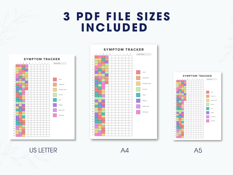 Puede incluir: Tres archivos PDF imprimibles de seguimiento de s&iacute;ntomas en tama&ntilde;os US Letter, A4 y A5. Cada rastreador presenta una cuadr&iacute;cula para rastrear los s&iacute;ntomas, con una clave codificada por colores. El texto "3 PDF FILE SIZES INCLUDED" est&aacute; en la parte superior.