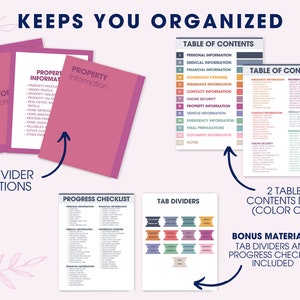 Puede incluir: Un planificador con cubiertas rosas etiquetadas como "Property Information" y una tabla de contenido. Incluye divisores de pesta&ntilde;as, una lista de verificaci&oacute;n de progreso y dos dise&ntilde;os de tabla de contenido codificados por colores. El texto dice "Keeps You Organized."