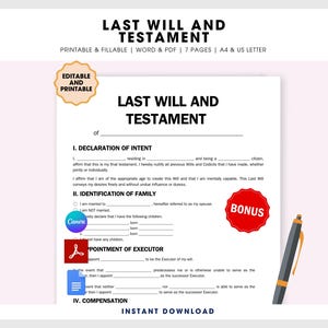 Last Will Testament Form Printable Will Legal Testament Template End of Life Planner Living Will Trusts Template Legal Forms Wills Document