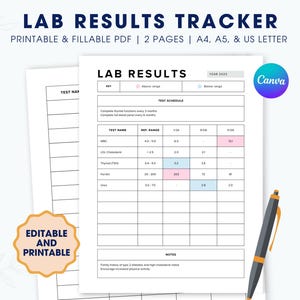 Tracker laboratoriumresultaten invulbare afdrukbare pdf, symptoomtracker, tracker voor medische map, tabel met labtestresultaten, medische canva-sjabloon