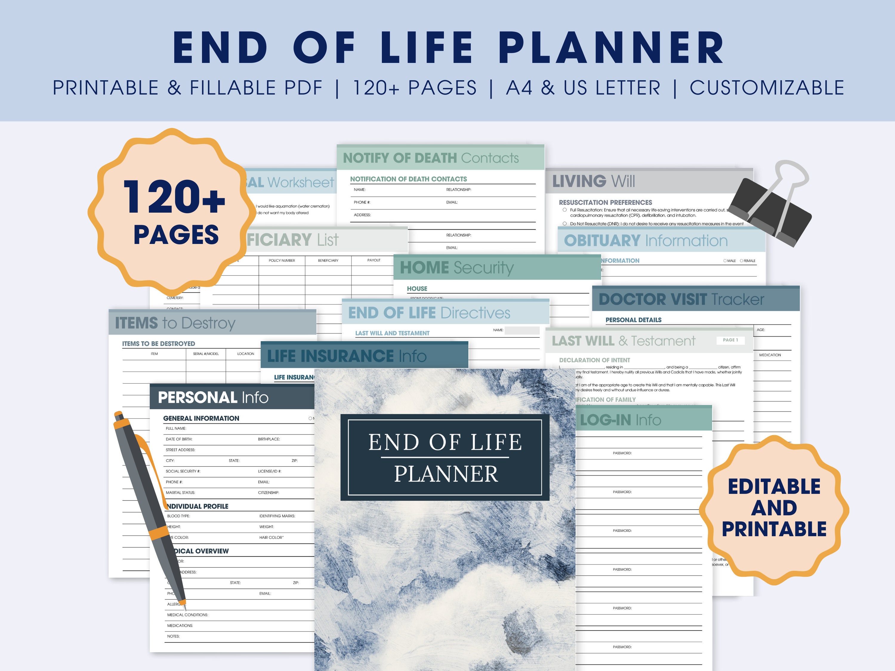End of Life Planner ausfüllbare druckbare PDF, Was wäre wenn Binder Bundle, nur für den Notfall Digital Organizer, Notfall Binder Tod