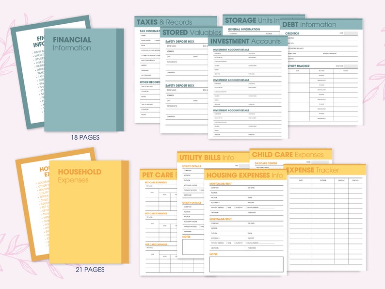 Puede incluir: Un conjunto de plantillas de planificaci&oacute;n financiera, que incluyen una carpeta turquesa con la etiqueta "Informaci&oacute;n financiera" con 18 p&aacute;ginas, y una carpeta amarilla con la etiqueta "Gastos del hogar" con 21 p&aacute;ginas. Otras p&aacute;ginas incluyen "Impuestos y registros".
