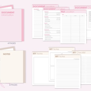 May include: A printable set of pink and beige document organization pages. The pages include sections for document information, location, file location, notes, and a checklist. The pages are designed to help you organize your important documents.