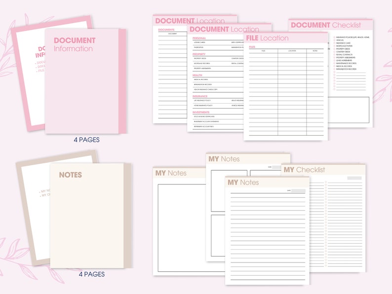 May include: A printable set of pink and beige document organization pages. The pages include sections for document information, location, file location, notes, and a checklist. The pages are designed to help you organize your important documents.
