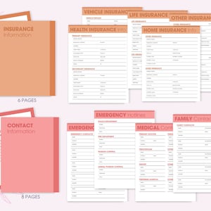May include: A printable set of pink and orange pages with information for insurance, contact, emergency hotlines, and family contacts. The pages are designed to help you organize important information in one place.