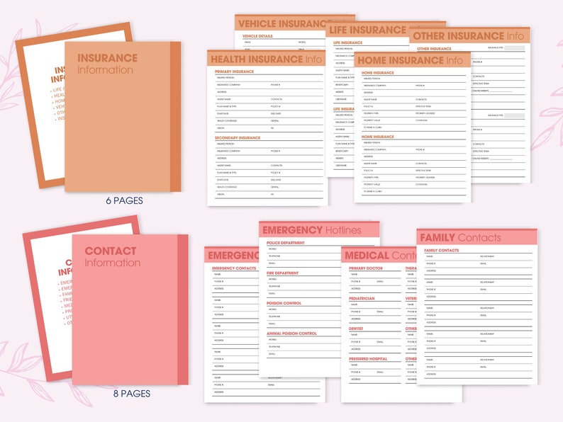 May include: A printable set of pink and orange pages with information for insurance, contact, emergency hotlines, and family contacts. The pages are designed to help you organize important information in one place.