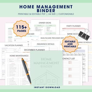 Home Management Binder Printable Fillable, Cleaning Schedule, ADHD Planner, Emergency Binder, Cleaning Checklist, Family Household Planner