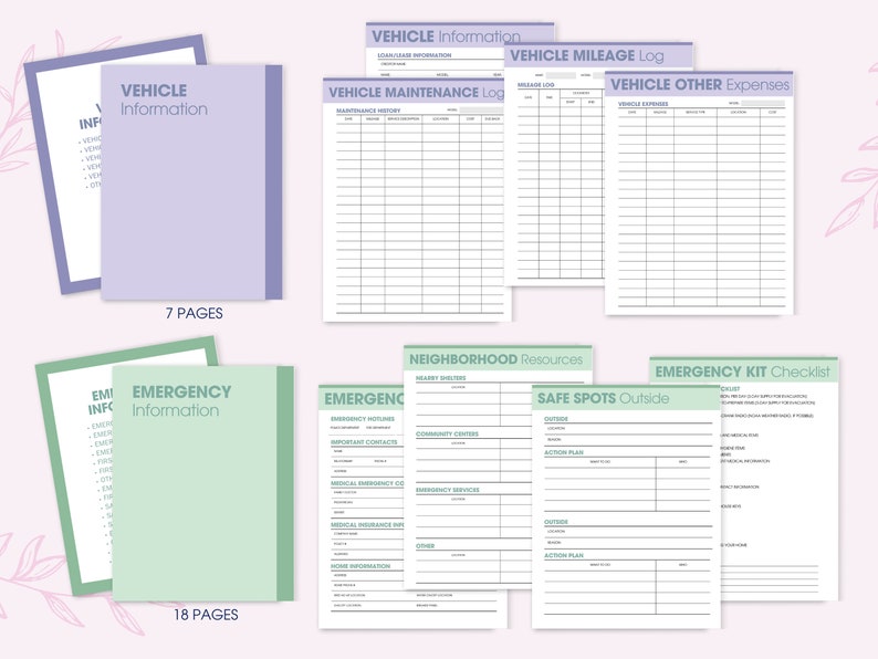 Puede incluir: Colecci&oacute;n de hojas imprimibles de informaci&oacute;n sobre veh&iacute;culos y emergencias. Incluye un folleto de informaci&oacute;n del veh&iacute;culo, un registro de mantenimiento del veh&iacute;culo y una lista de verificaci&oacute;n del kit de emergencia. El folleto de informaci&oacute;n del veh&iacute;culo tiene 7 p&aacute;ginas.