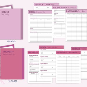 Puede incluir: Un conjunto de p&aacute;ginas de planificador imprimibles en rosa y blanco. Las p&aacute;ginas incluyen secciones para seguridad en l&iacute;nea, cuentas de correo electr&oacute;nico, cuentas de redes sociales, seguimiento de contrase&ntilde;as, informaci&oacute;n de propiedad y registros de pago de impuestos sobre la propiedad.