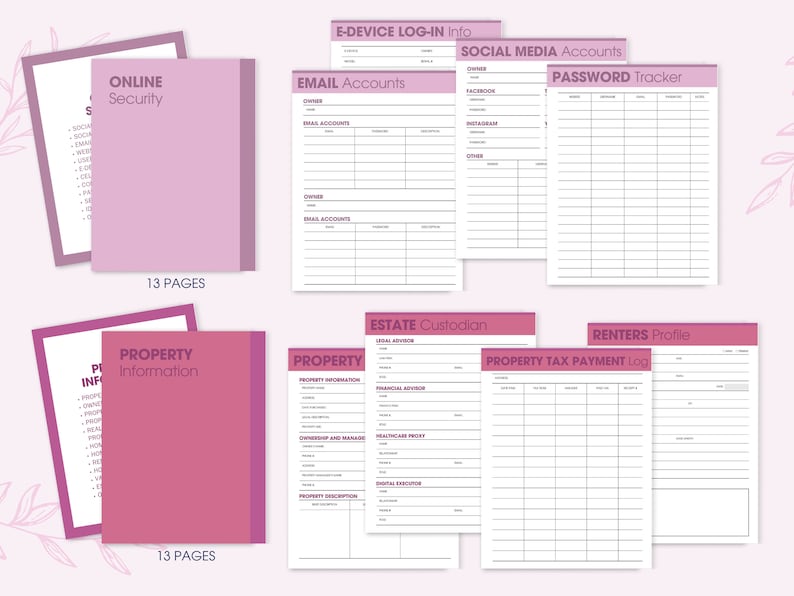 Puede incluir: Un conjunto de p&aacute;ginas de planificador imprimibles en rosa y blanco. Las p&aacute;ginas incluyen secciones para seguridad en l&iacute;nea, cuentas de correo electr&oacute;nico, cuentas de redes sociales, seguimiento de contrase&ntilde;as, informaci&oacute;n de propiedad y registros de pago de impuestos sobre la propiedad.
