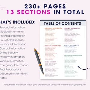 Puede incluir: Un planificador con m&aacute;s de 230 p&aacute;ginas y 13 secciones, que incluye informaci&oacute;n personal, m&eacute;dica y financiera. Cuenta con una tabla de contenidos y est&aacute; codificado por colores. Se incluye un bol&iacute;grafo.