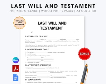 Letzter Wille und Testament, bearbeitbares letztes Wille und Testament Form, Last Will und Testament Vorlage druckbares rechtliches Dokument, Ende des Lebens