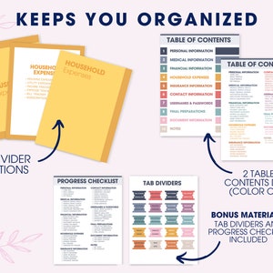 May include: A printable digital download for a household binder with three divider options, two table of contents designs, tab dividers, and a progress checklist. The table of contents includes sections for personal information, medical information, financial information, household expenses, insurance information, contact information, usernames and passwords, final preparations, document information, and notes. The text "Keeps You Organized" is at the top of the image.