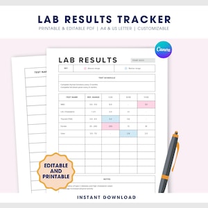 検査結果トラッカー（記入可能、印刷可能、PDF）、症状トラッカー、医療バインダー用トラッカー、検査結果チャート、医療用Canvaテンプレート
