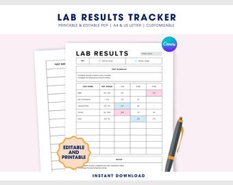 Lab Results Tracker Fillable Printable PDF, Symptom Tracker, Tracker for Medical Binder, Lab Test Results Chart, Medical Canva Template