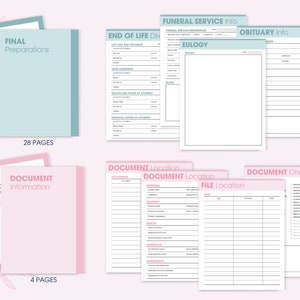 Puede incluir: Un conjunto de documentos imprimibles para la planificaci&oacute;n del final de la vida. Incluye carpetas etiquetadas como "Preparativos Finales" e "Informaci&oacute;n del Documento", junto con formularios para informaci&oacute;n del servicio funerario, elogio y listas de verificaci&oacute;n de documentos.