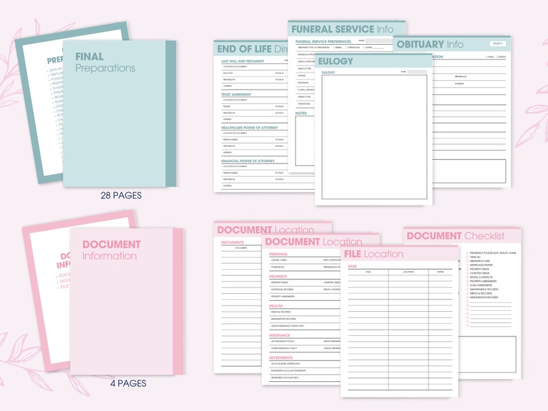Puede incluir: Un conjunto de documentos imprimibles para la planificaci&oacute;n del final de la vida. Incluye carpetas etiquetadas como "Preparativos Finales" e "Informaci&oacute;n del Documento", junto con formularios para informaci&oacute;n del servicio funerario, elogio y listas de verificaci&oacute;n de documentos.