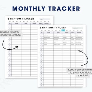 Puede incluir: Dos hojas blancas de seguimiento de s&iacute;ntomas con el t&iacute;tulo "MONTHLY TRACKER" en azul marino. Las hojas tienen columnas para el seguimiento de s&iacute;ntomas, desencadenantes, duraci&oacute;n y medicaci&oacute;n. Una hoja tiene el texto "Seguimiento mensual m&aacute;s detallado para una f&aacute;cil referencia". La otra hoja tiene el texto "Realice un seguimiento de la informaci&oacute;n para mostrarla a su m&eacute;dico o especialista".