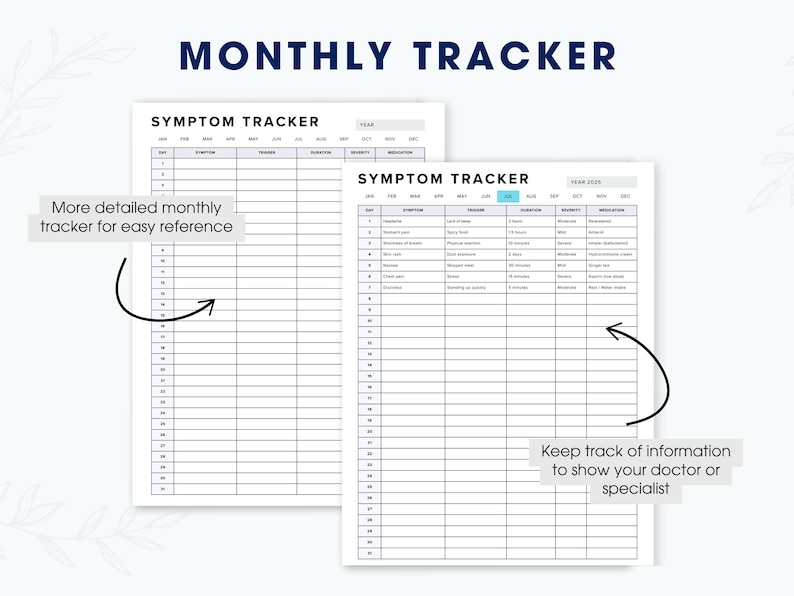 Puede incluir: Dos hojas blancas de seguimiento de s&iacute;ntomas con el t&iacute;tulo "MONTHLY TRACKER" en azul marino. Las hojas tienen columnas para el seguimiento de s&iacute;ntomas, desencadenantes, duraci&oacute;n y medicaci&oacute;n. Una hoja tiene el texto "Seguimiento mensual m&aacute;s detallado para una f&aacute;cil referencia". La otra hoja tiene el texto "Realice un seguimiento de la informaci&oacute;n para mostrarla a su m&eacute;dico o especialista".