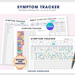 Printable Editable PDF Symptom Tracker Pain Journal & Severity Tracker, Medical Binder, Caregiver Log for Chronic Illness, Canva Template