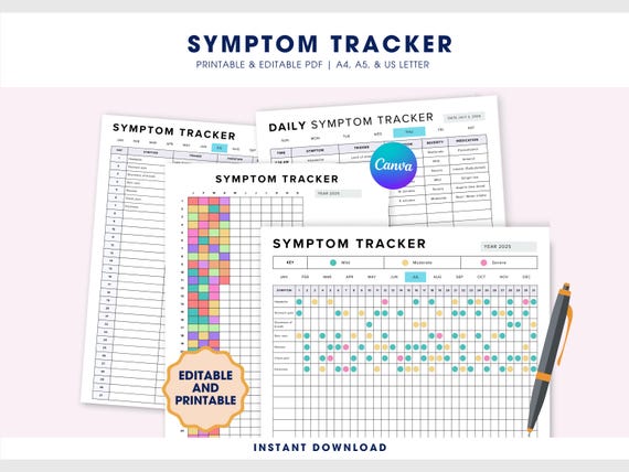 Printable Editable PDF Symptom Tracker Pain Journal & Severity Tracker, Medical Binder, Caregiver Log for Chronic Illness, Canva Template