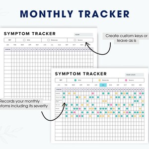 Puede incluir: Un rastreador de s&iacute;ntomas blanco con el t&iacute;tulo "MONTHLY TRACKER" en azul marino. El rastreador incluye secciones para s&iacute;ntomas, gravedad y un calendario mensual. El texto "SYMPTOM TRACKER" es visible. La imagen muestra c&oacute;mo registrar los s&iacute;ntomas mensuales y su gravedad.