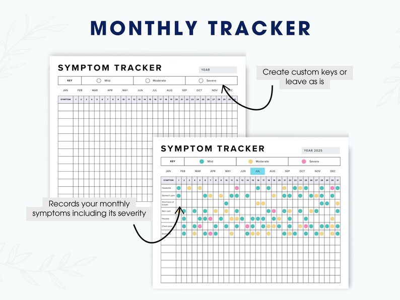 Puede incluir: Un rastreador de s&iacute;ntomas blanco con el t&iacute;tulo "MONTHLY TRACKER" en azul marino. El rastreador incluye secciones para s&iacute;ntomas, gravedad y un calendario mensual. El texto "SYMPTOM TRACKER" es visible. La imagen muestra c&oacute;mo registrar los s&iacute;ntomas mensuales y su gravedad.
