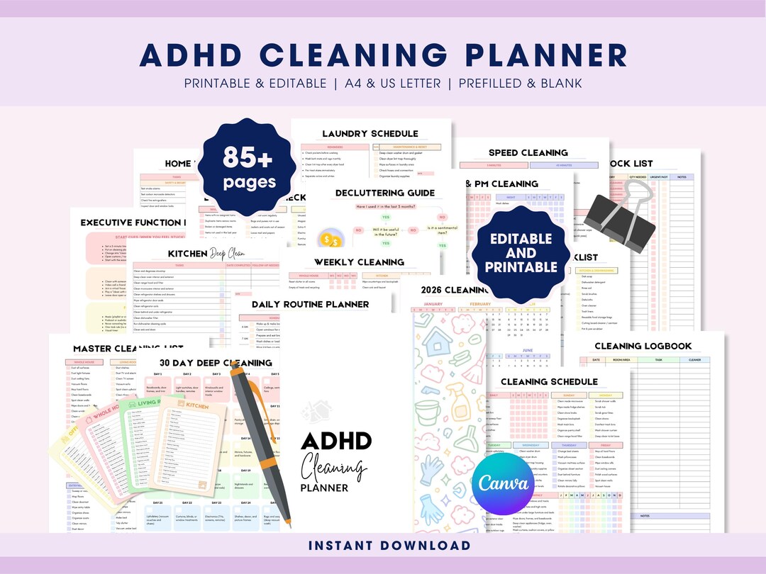 ADHD Cleaning Planner Bundle Editable Canva Cleaning Schedule ADHD ...