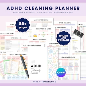 Könnte beinhalten: Ein ADHD-Reinigungsplaner mit über 85 Seiten, einschließlich eines Wäscheplans, einer Entrümpelungsanleitung und eines täglichen Routinenplaners. Der Planer ist druckbar und editierbar, im A4- und US-Letter-Format.