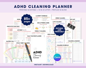 Planificador de limpieza para personas con TDAH, programa de limpieza editable en Canva, lista de verificación para TDAH, tabla de tareas familiares, limpieza del hogar, limpieza profunda, PDF
