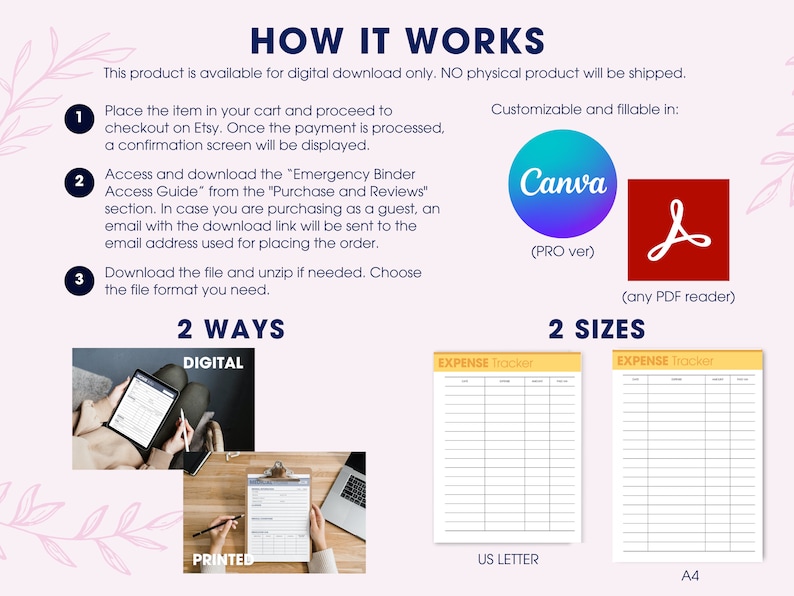 May include: How to download a digital expense tracker printable. The image shows a digital expense tracker in two sizes, US Letter and A4, and two ways to download it, digitally or printed. The image also shows the logos for Canva and Adobe Acrobat.