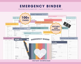Noodmap planner invulbare afdrukbare pdf, wat als bindmiddelbundel, just in case of emergency digitale organisator, planner einde levensduur