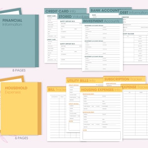 May include: A set of printable financial trackers and organizers. The pages are color-coded with blue, yellow, and green. The pages include sections for credit card info, bank account details, investment accounts, utility bills, subscriptions, housing expenses, and an expense tracker.