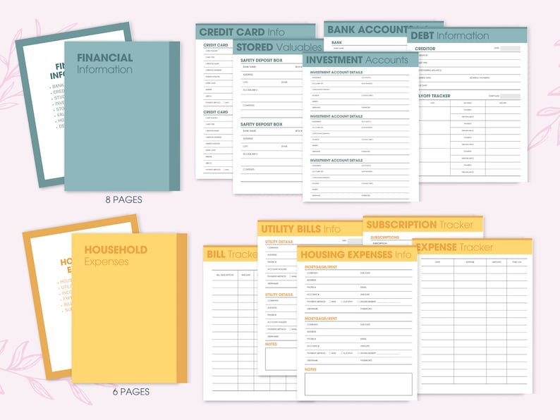 May include: A set of printable financial trackers and organizers. The pages are color-coded with blue, yellow, and green. The pages include sections for credit card info, bank account details, investment accounts, utility bills, subscriptions, housing expenses, and an expense tracker.