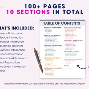 May include: A color-coded table of contents for a binder with over 100 pages and 10 sections. The sections include personal information, medical information, financial information, household expenses, insurance information, contact information, usernames and passwords, final preparations, document information, and notes.